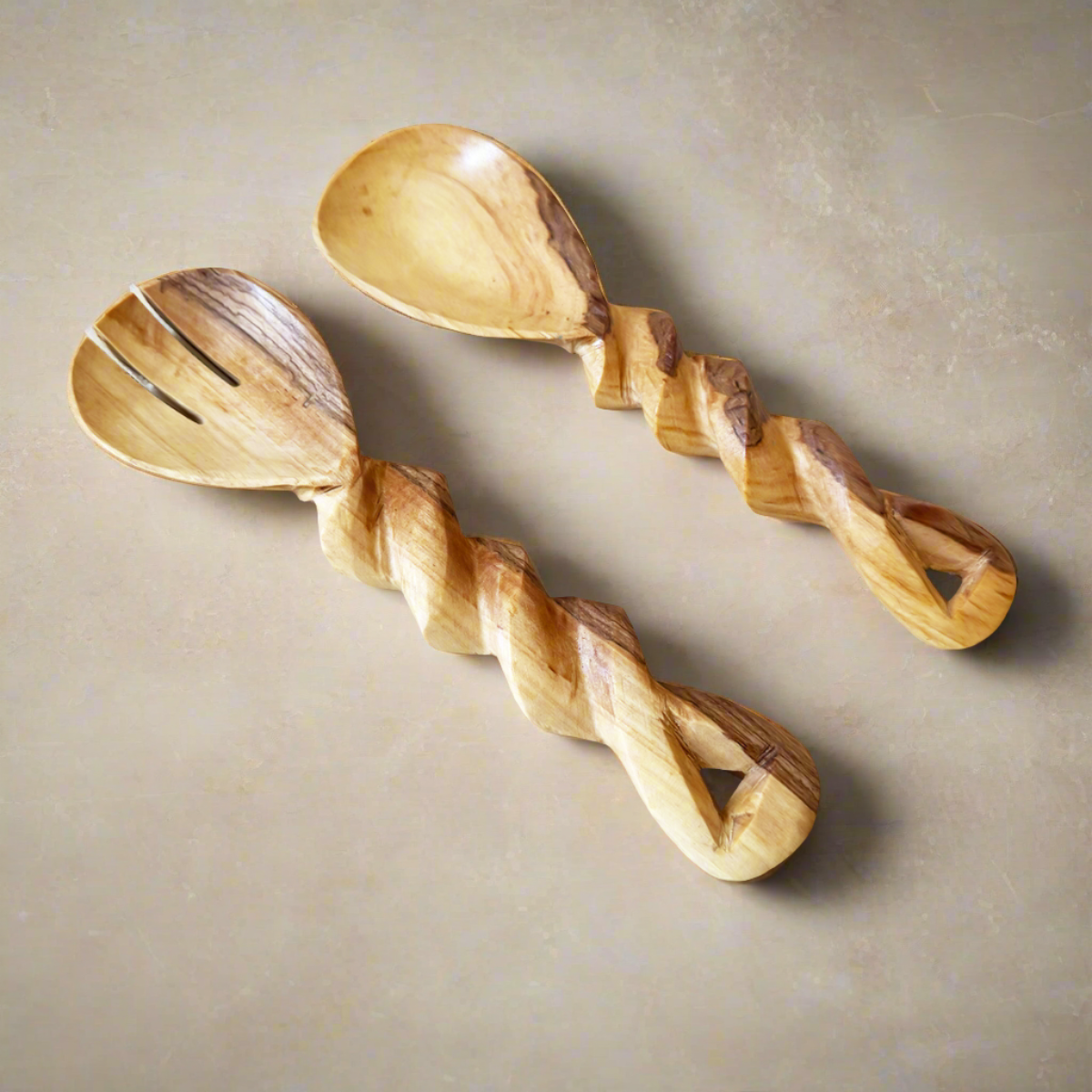 Spiral Olive Wood Salad Servers