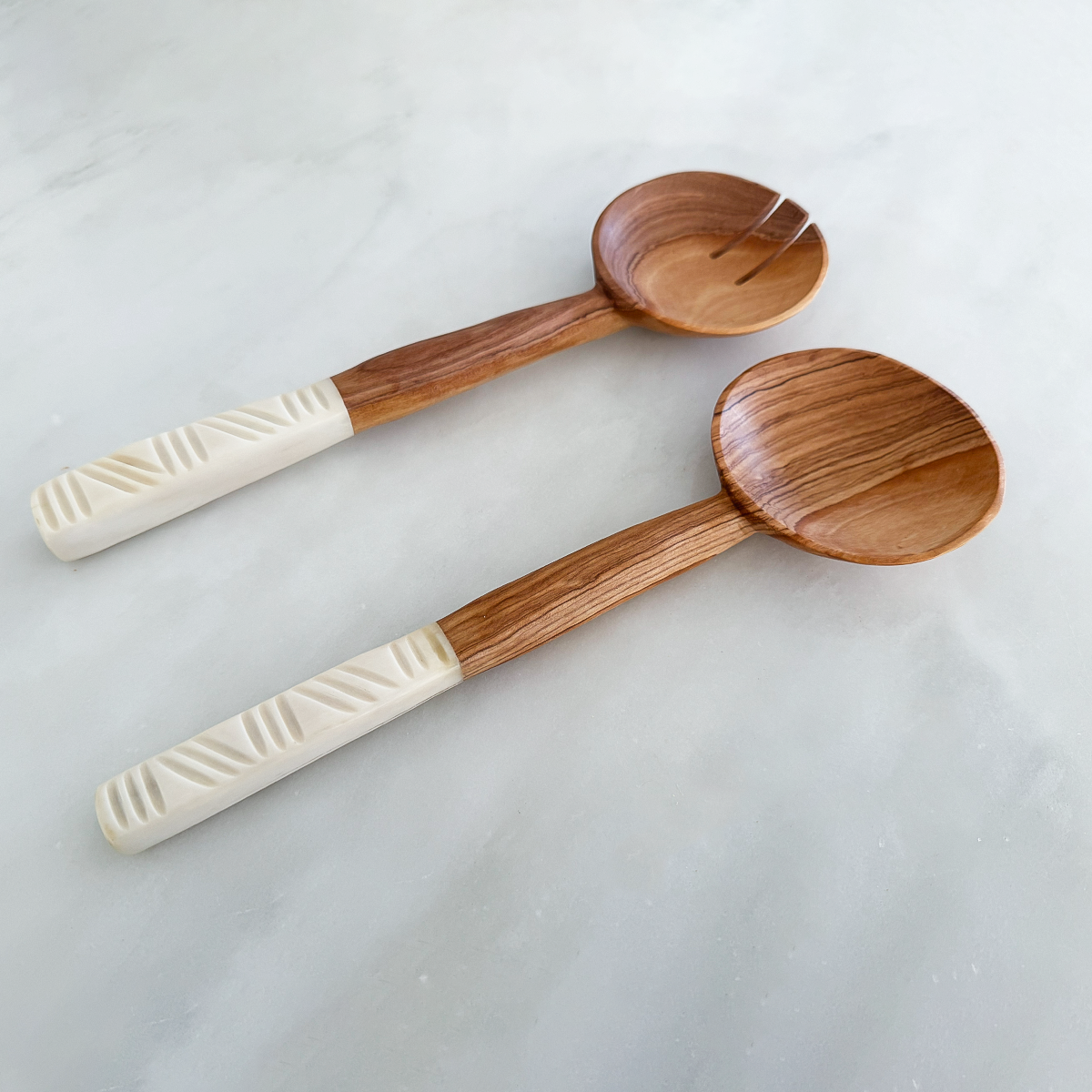 White Batik Olive Wood Salad Servers