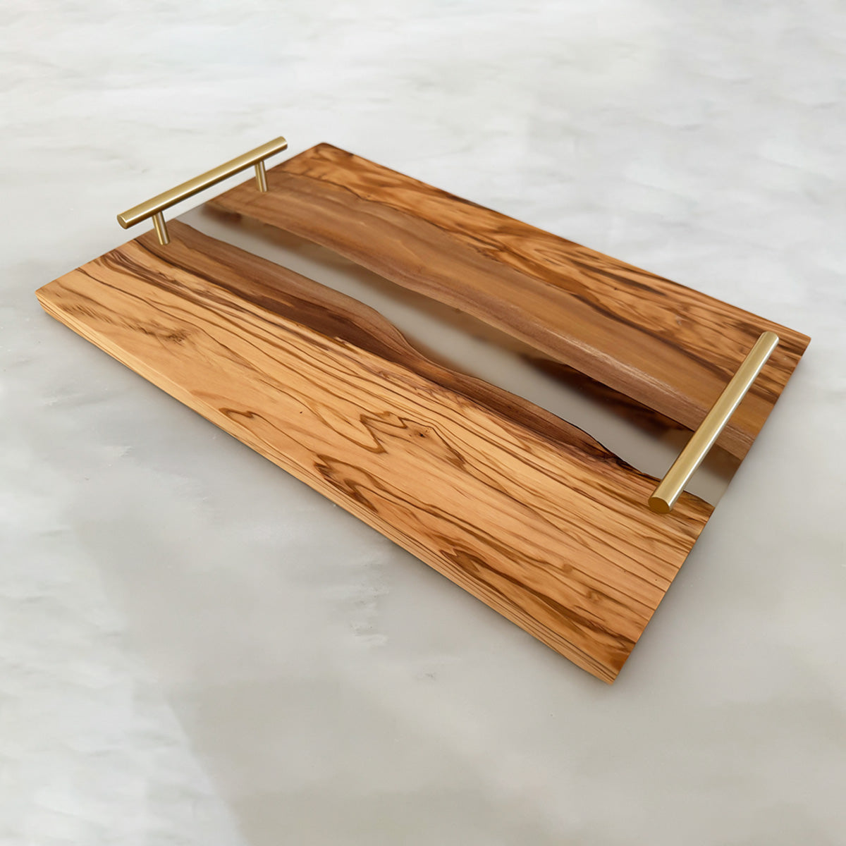 Olive Wood and Clear Resin Serving Tray with Gold Handles